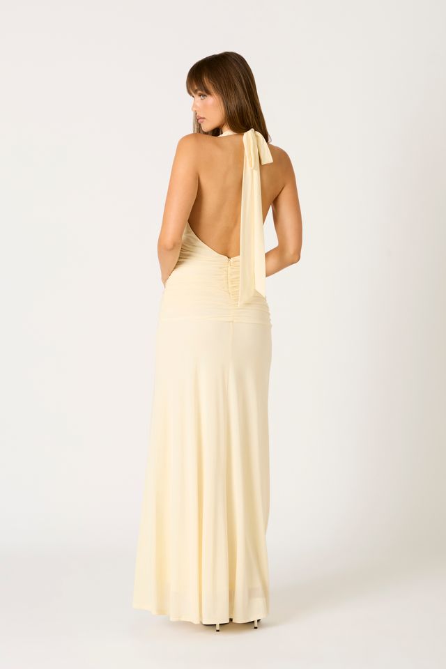 Ruched Halter Maxi Dress in cream back side view