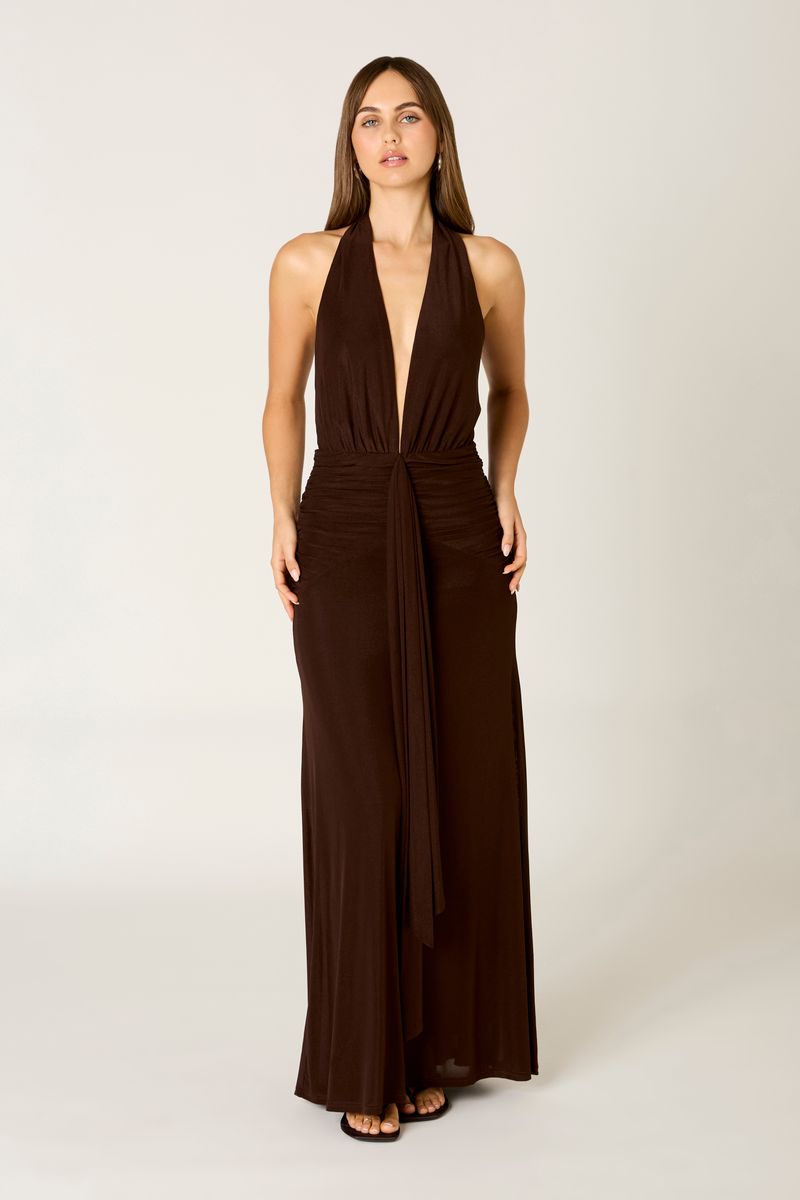 Jersey Halter Maxi Dress in coffee front view