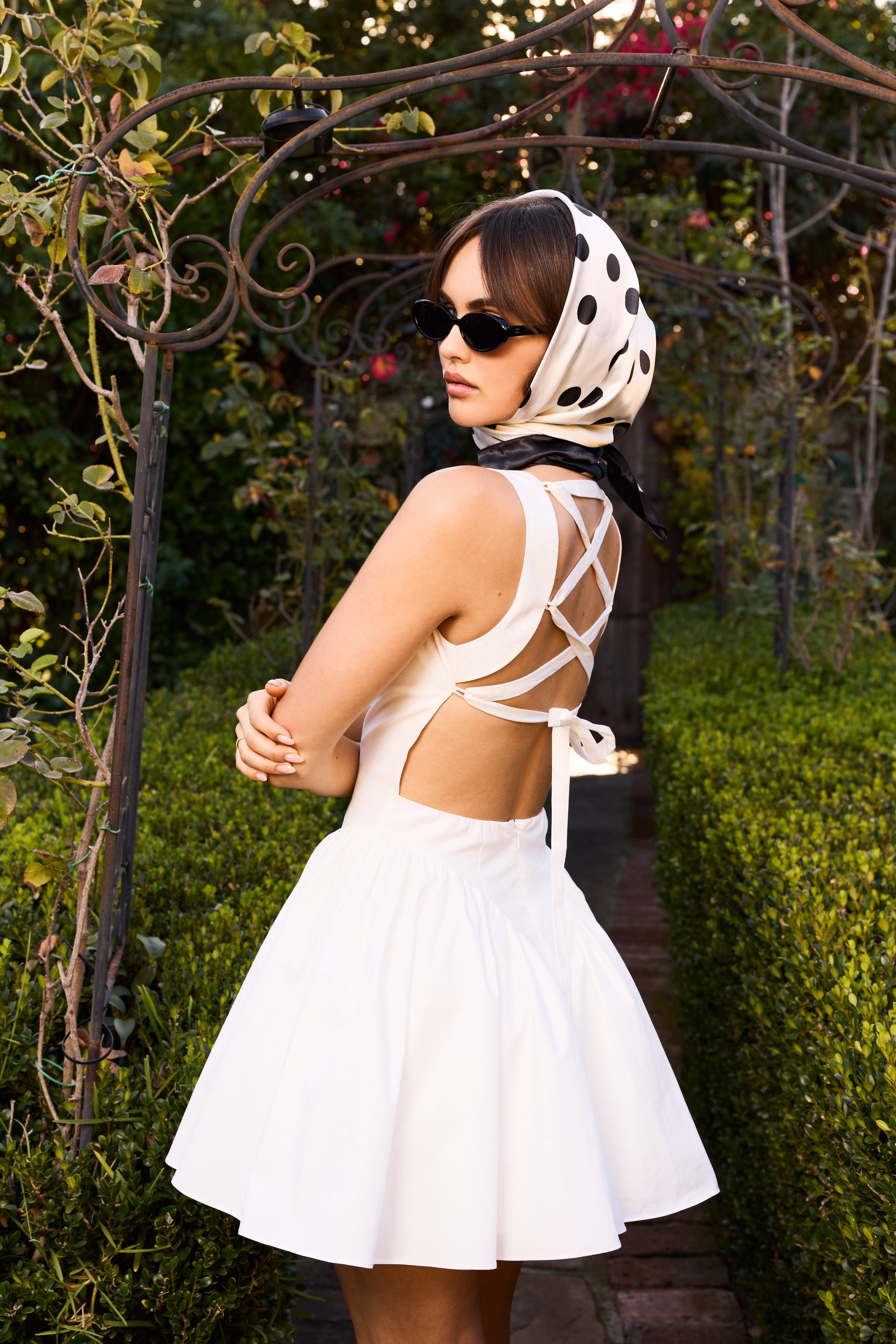 Lace-Up Open Back Mini Dress in white side view