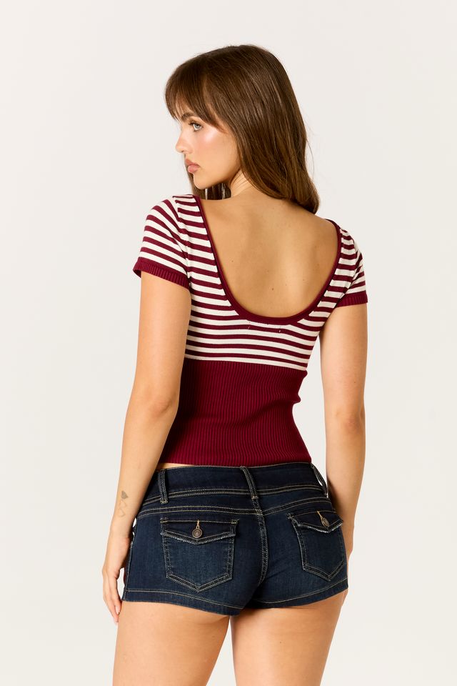 Striped Knit Sweater Top in wine/white back side view