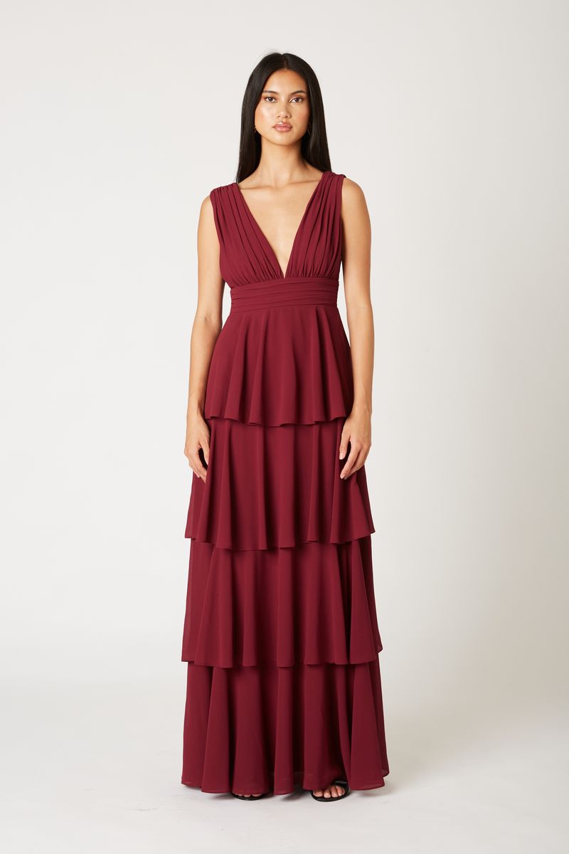 Plunging Tiered Gown in burgandy front view