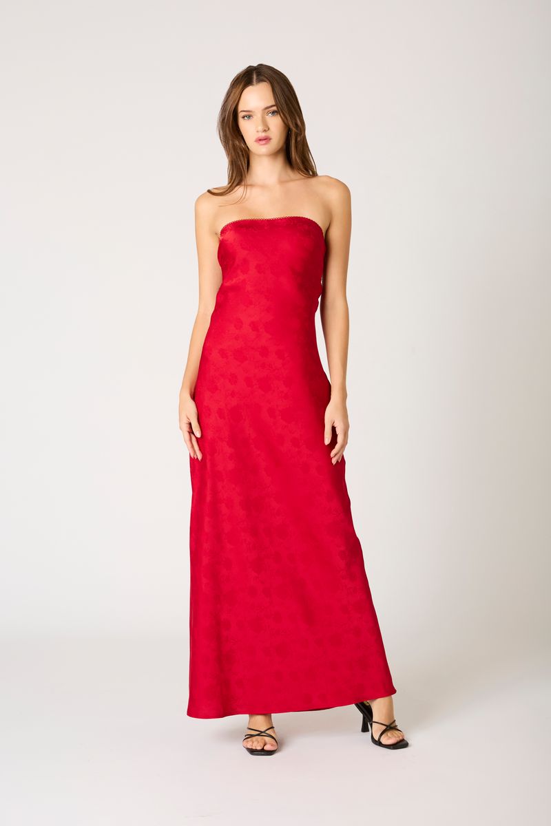 Strapless Open Cowl Back Gown in crimson front view