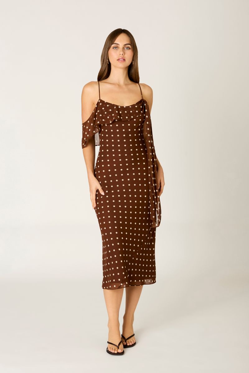Chiffon Polka Dot Midi Dress in chocolate front view