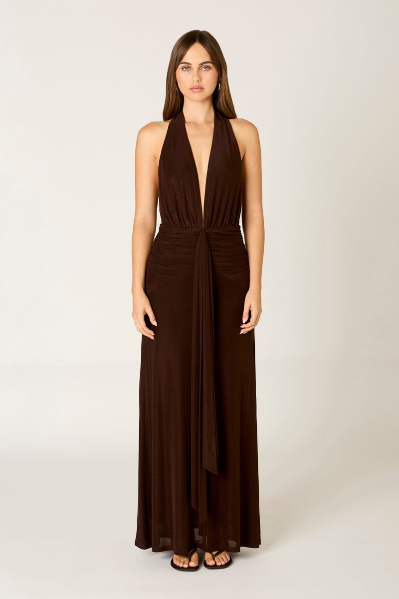 Jersey Halter Maxi Dress in coffee front view