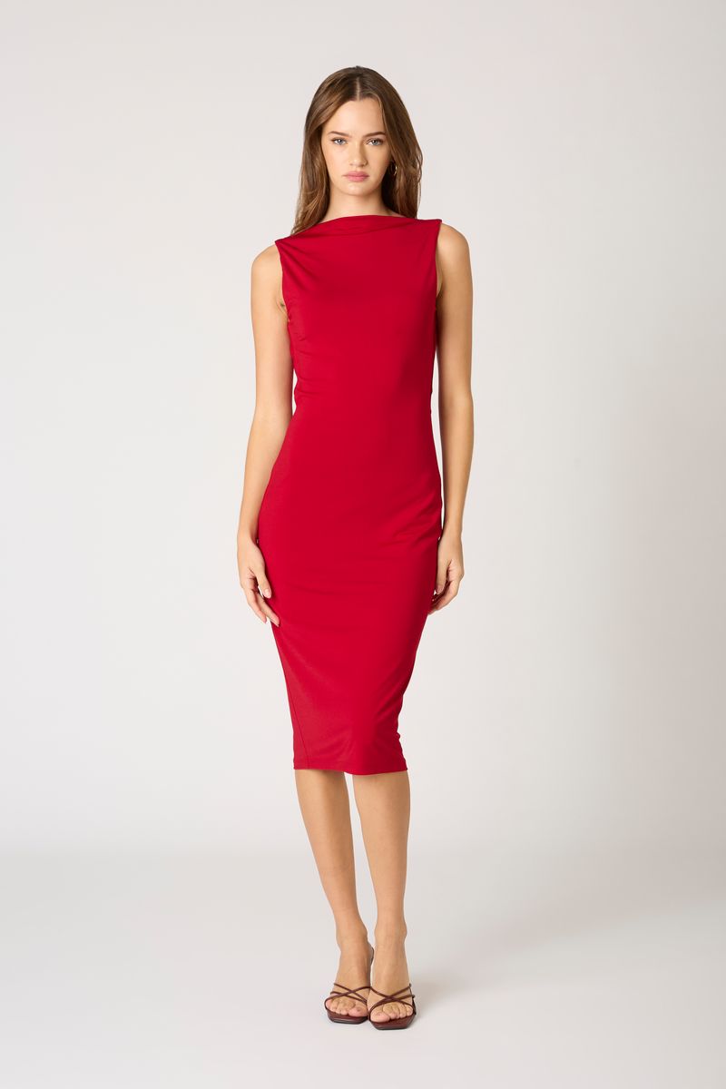 Body-Con Open Back Midi Dress in crimson front view