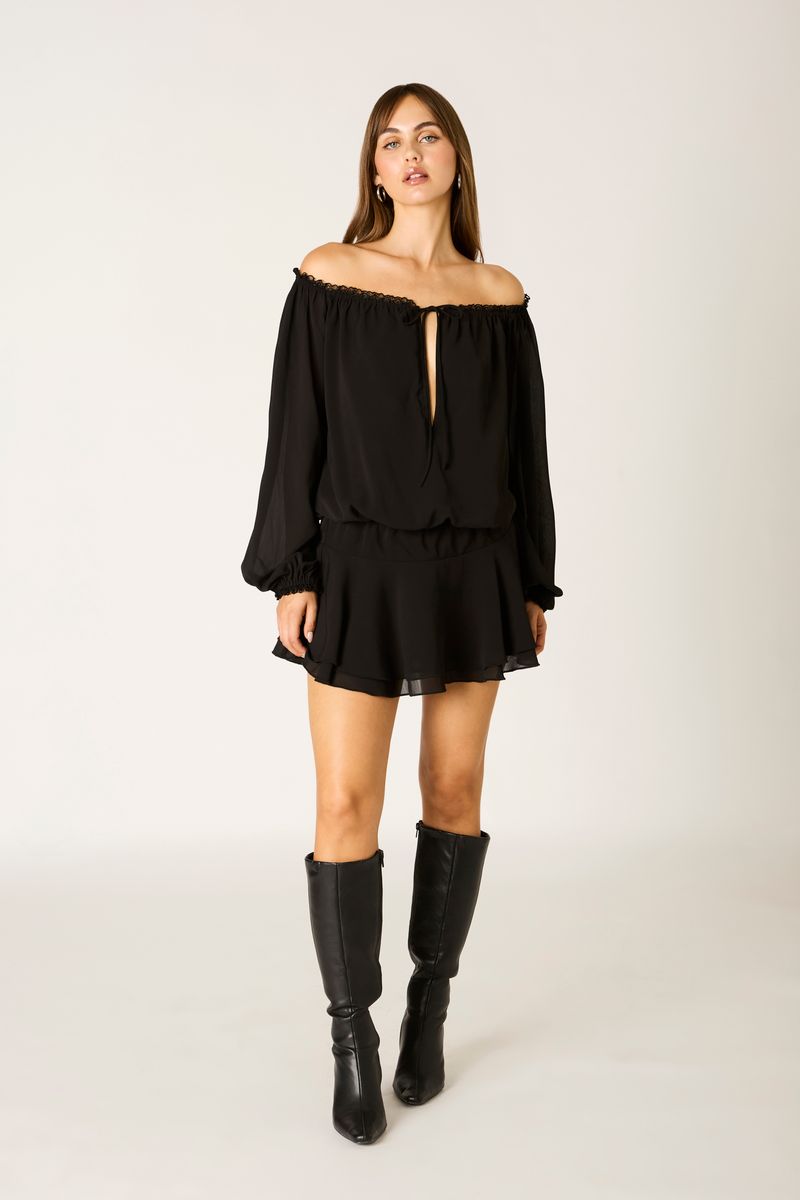 Chiffon Off-The-Shoulder Mini Dress in black front view