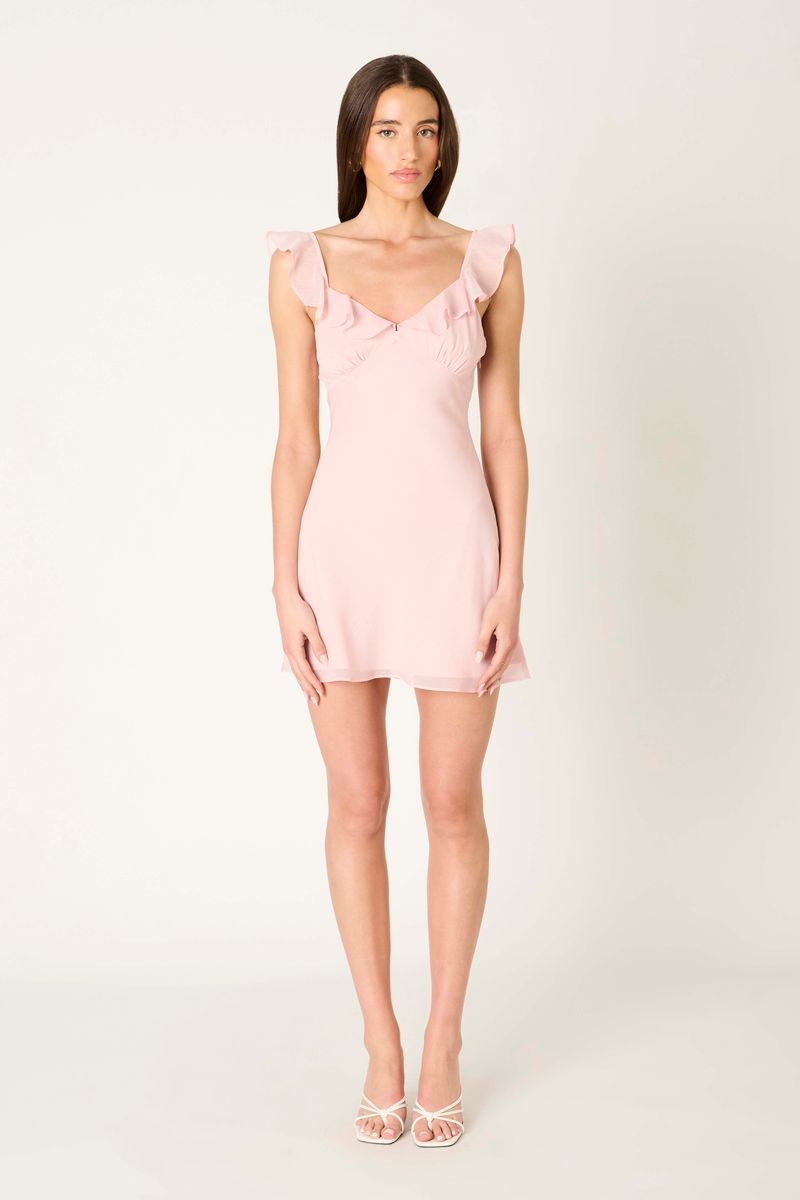 Ruffle Trim Strap Mini Dress in blush pink front view