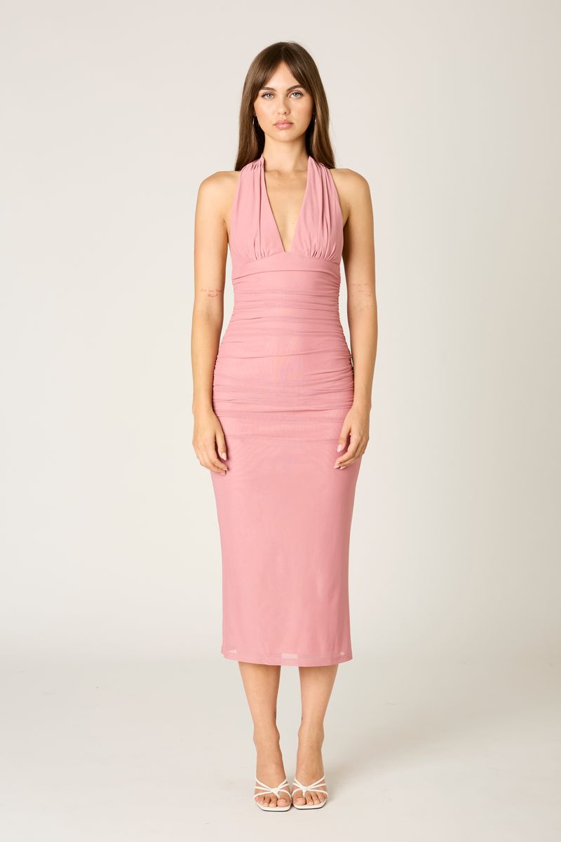 Ruched Mesh Midi Dress in dusty rose front view