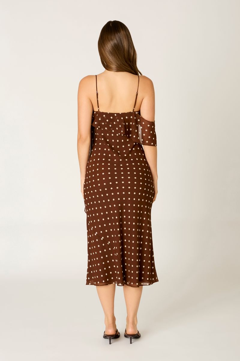 Chiffon Polka Dot Midi Dress in chocolate back view