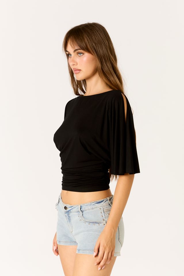 Ruched Flutter Sleeve Top in black side view