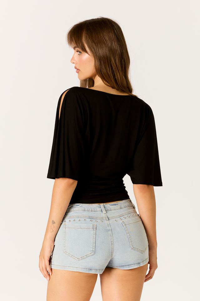 Ruched Flutter Sleeve Top in black back side view