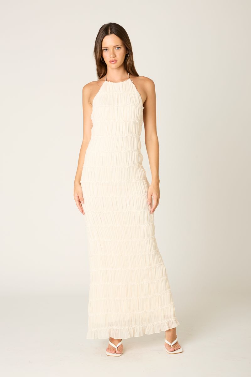 Pleated Halter Maxi Dress in ecru front view