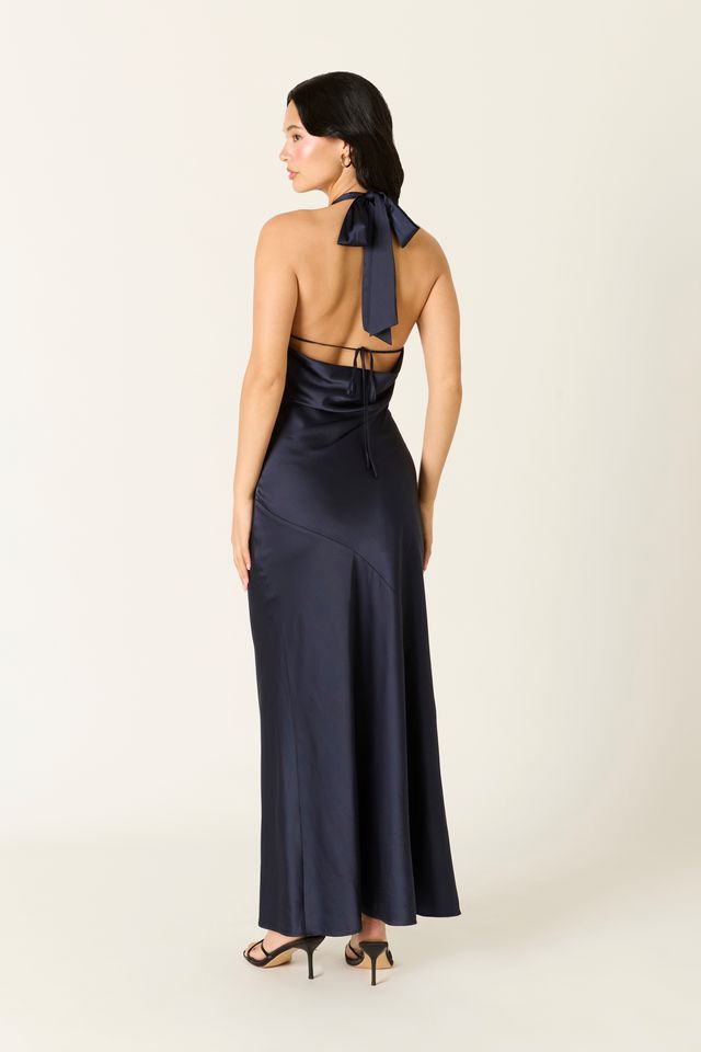 Satin Keyhole Maxi Dress in midnight back view