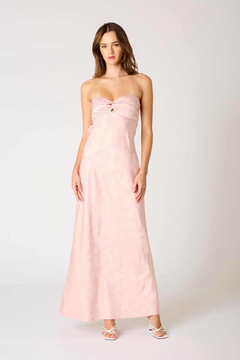 Jacquard Strapless Satin Maxi Dress in cameo pink front view