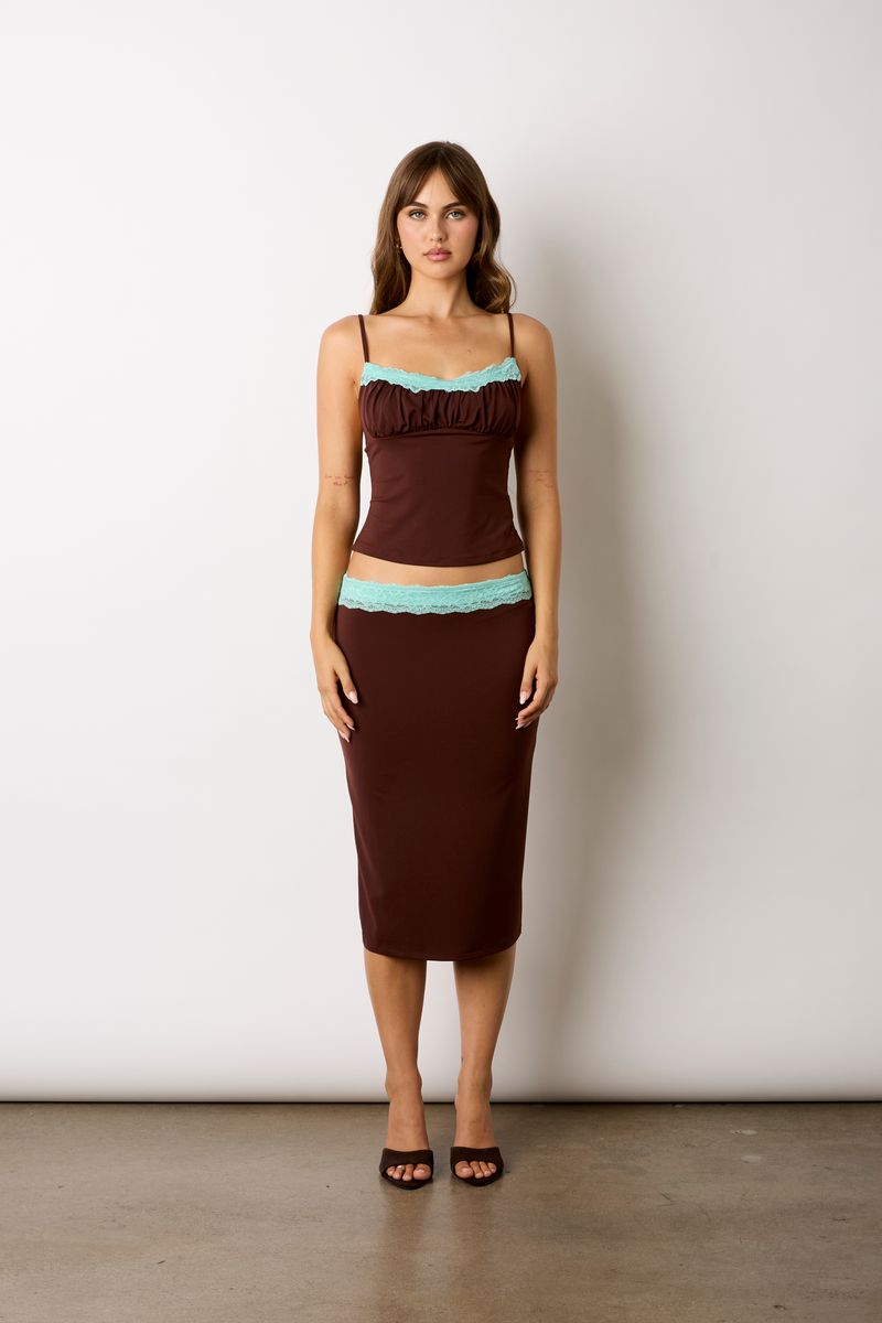 Lace Trim Midi Skirt in chocolate front view
