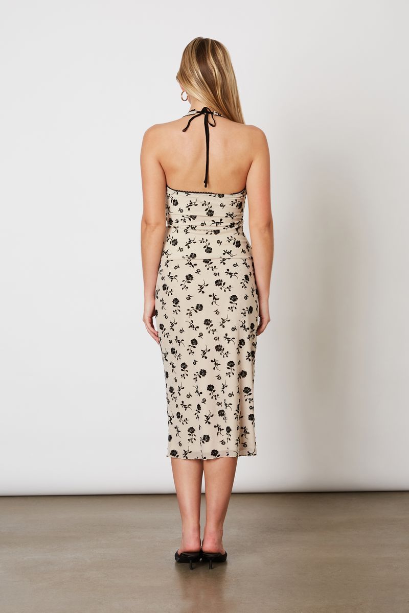 Flocked Velvet Mesh Midi Skirt in mushroom back view