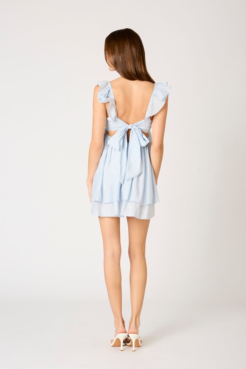 Luxe Babydoll Mini Dress in ice blue back view