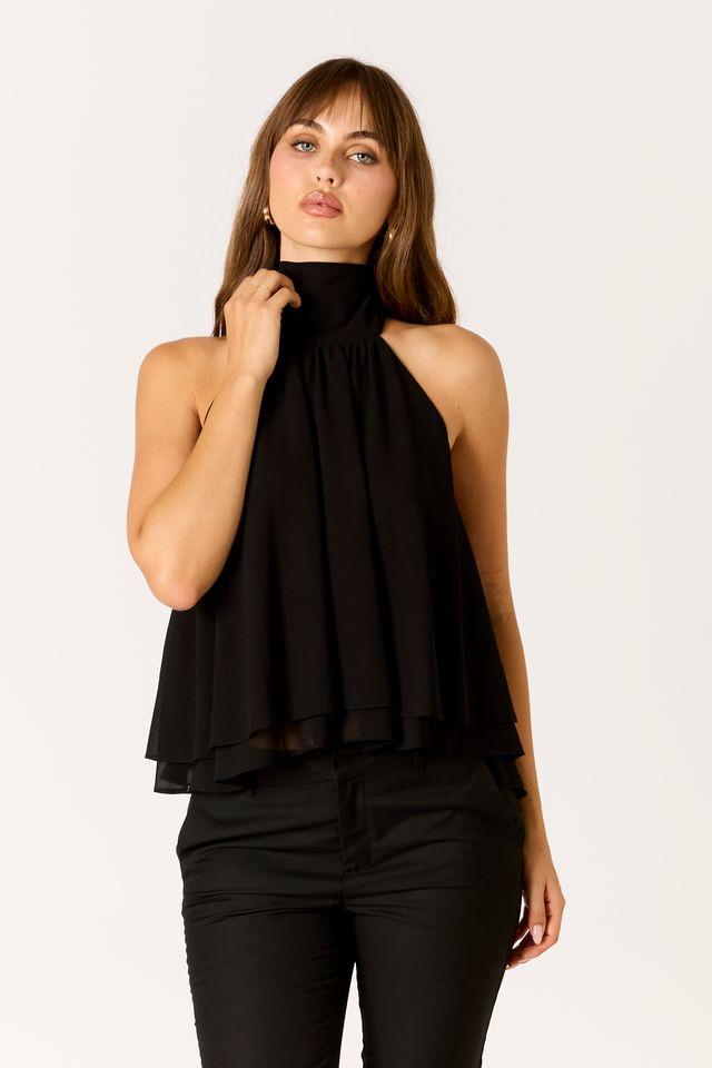 Tiered Halter Top in black front view