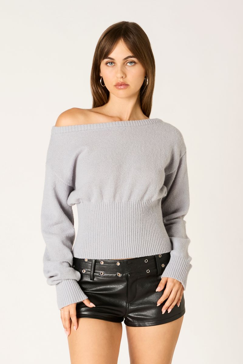 Off-Shoulder Sweater Top in grey front view