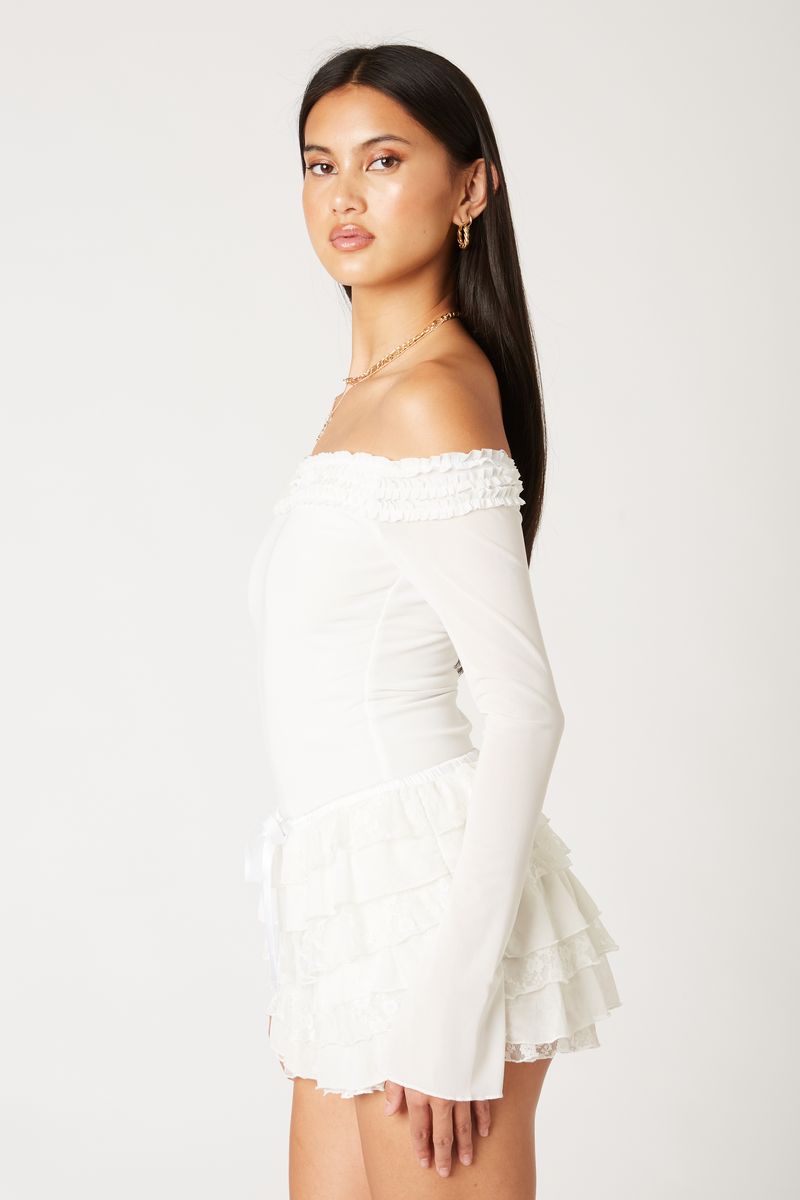 Off-The-Shoulder Ruffle Mesh Top in white side view