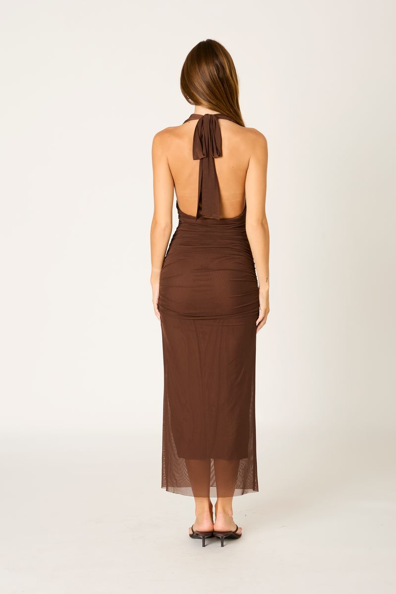 Ruched Mesh Midi Dress in chocolate back view