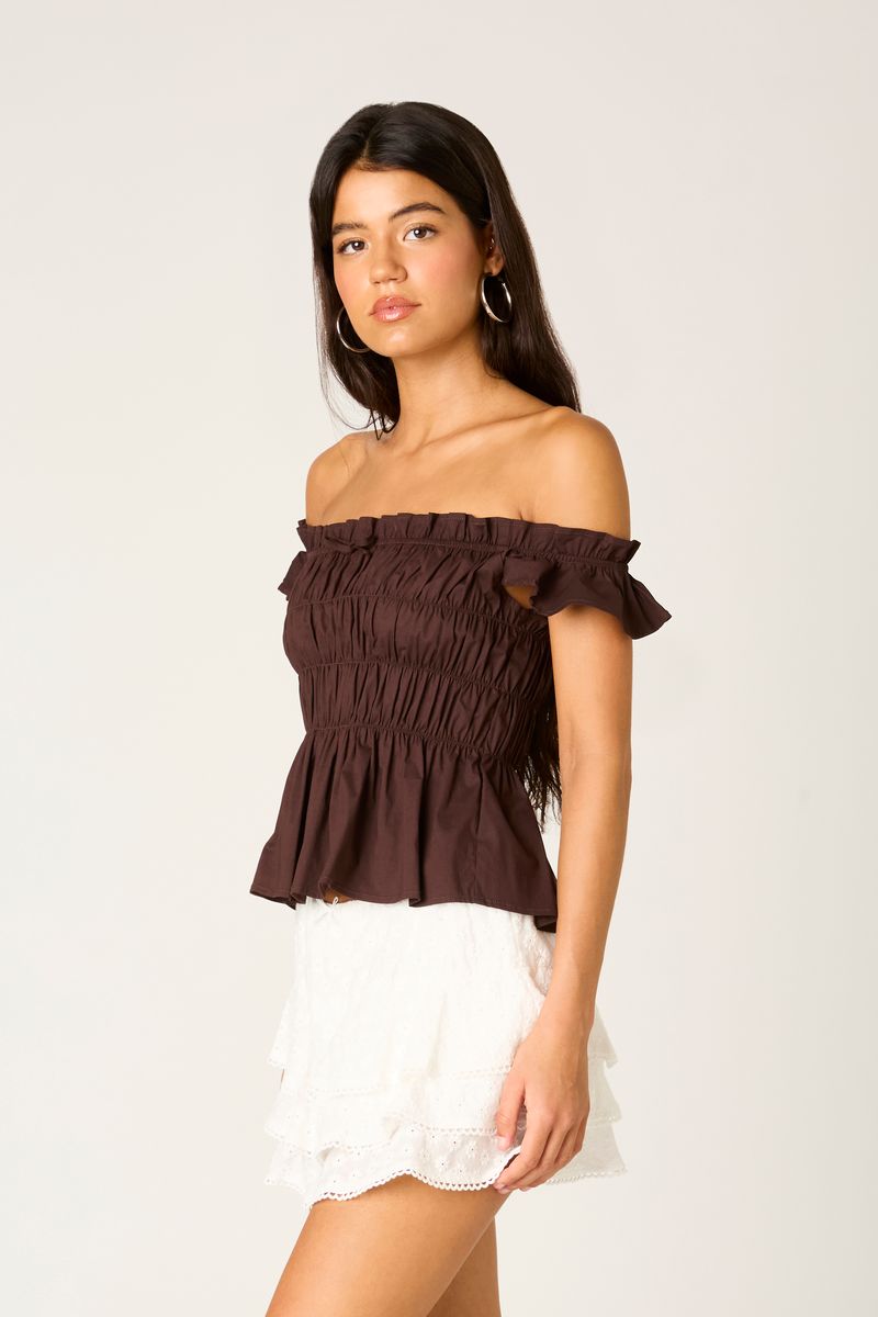 Off-the-shoulder Smocked Top in chocolate side view