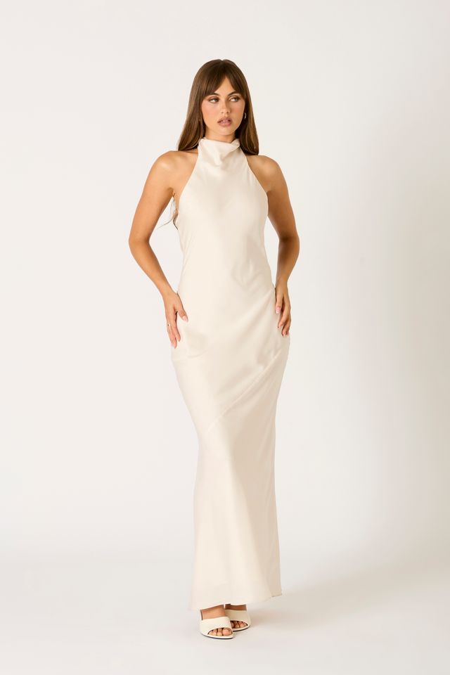 Open Back Halter Maxi Dress in cream front view