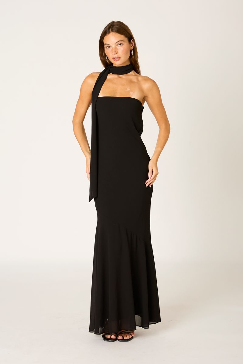 Strapless Chiffon Gown in black front view