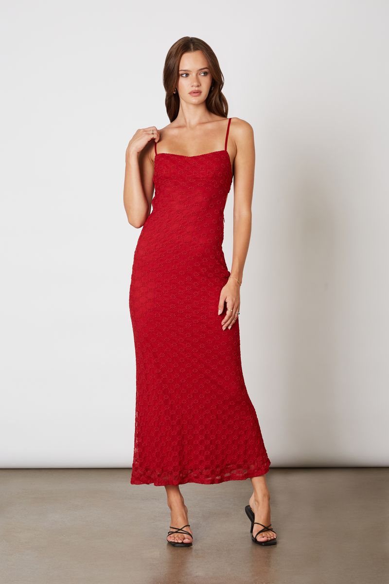 Stretch Lace Midaxi Dress in crimson front view