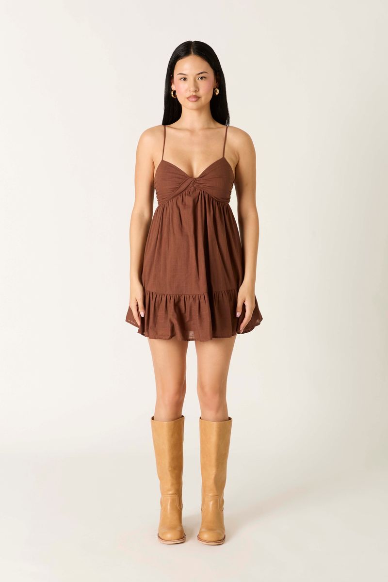 Twist Front Babydoll Mini Dress in cocoa front view
