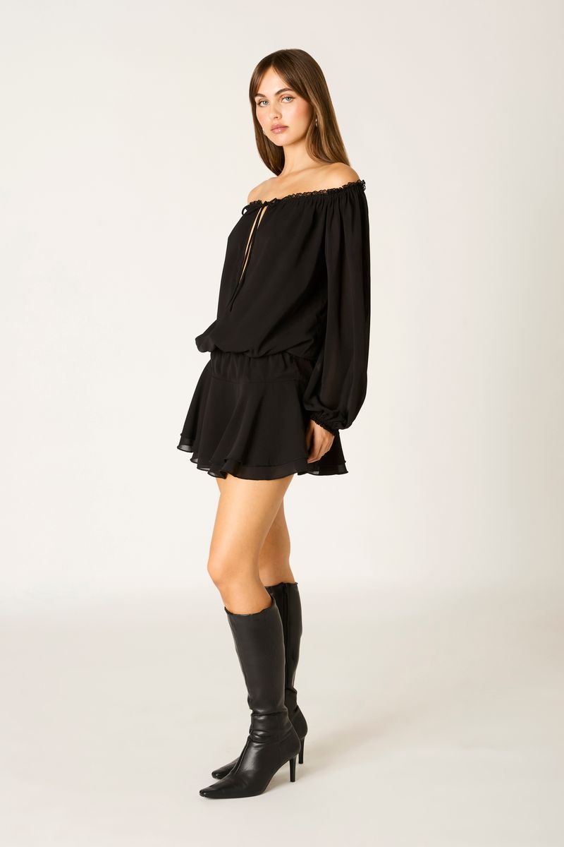 Chiffon Off-The-Shoulder Mini Dress in black side view