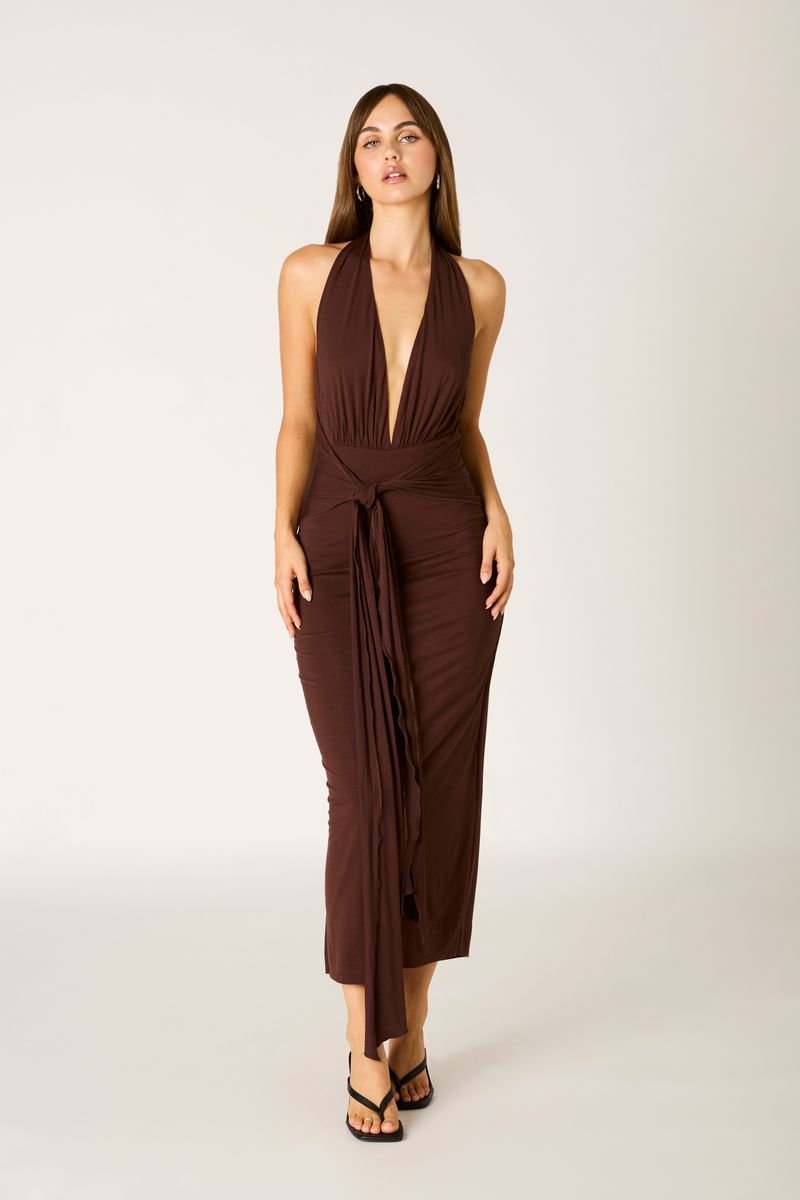 Jersey Halter Midi Dress in chocolate front view
