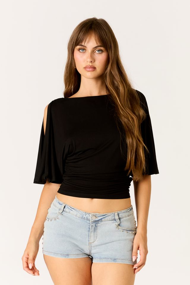 Ruched Flutter Sleeve Top in black front view