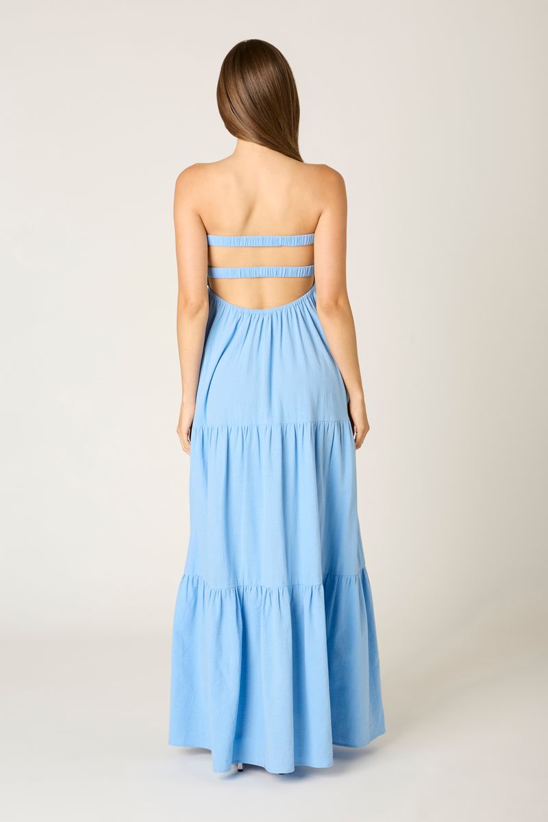 Strapless Tiered Maxi Dress in island blue back view