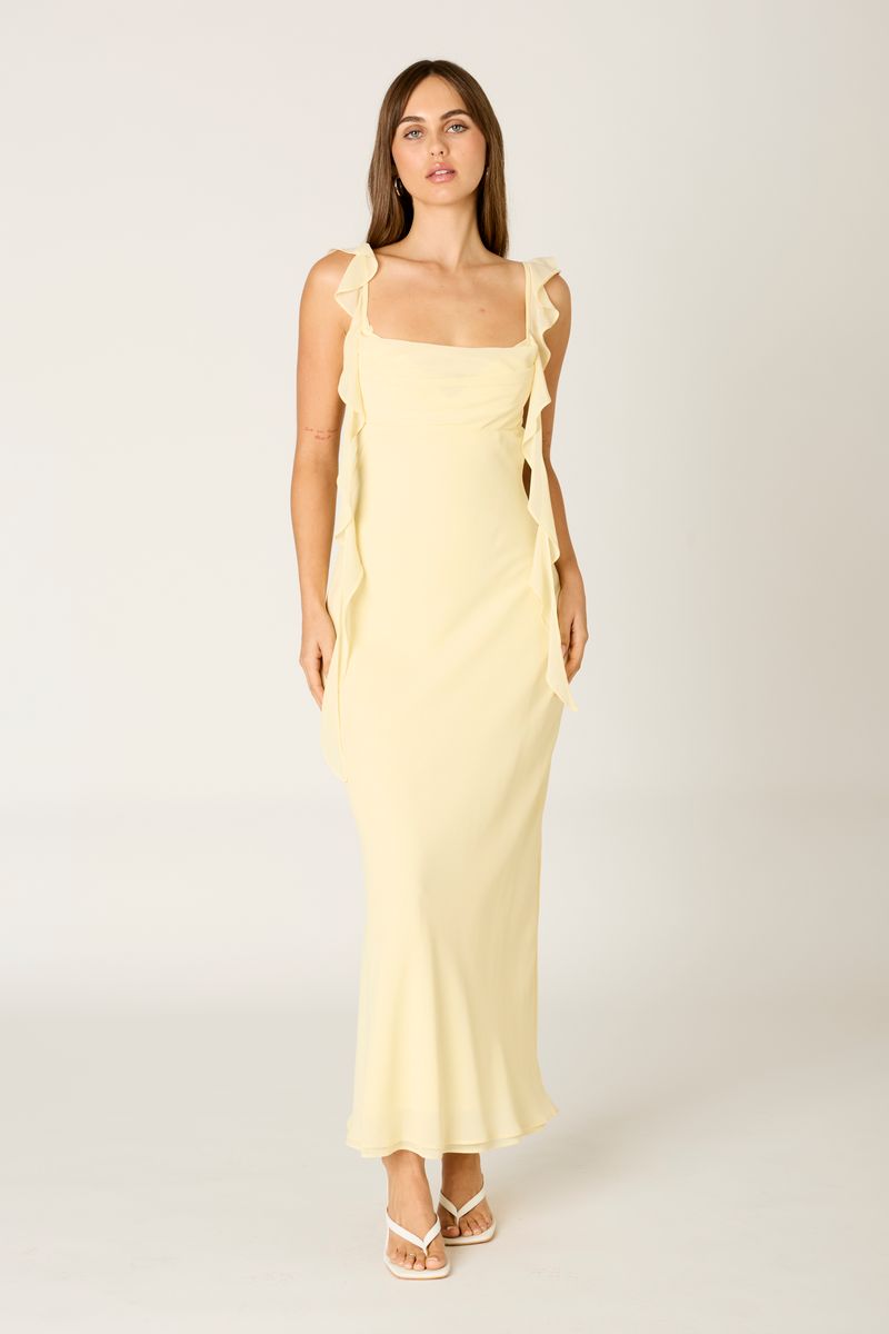 Waterfall Ruffle Maxi Dress in butter front view