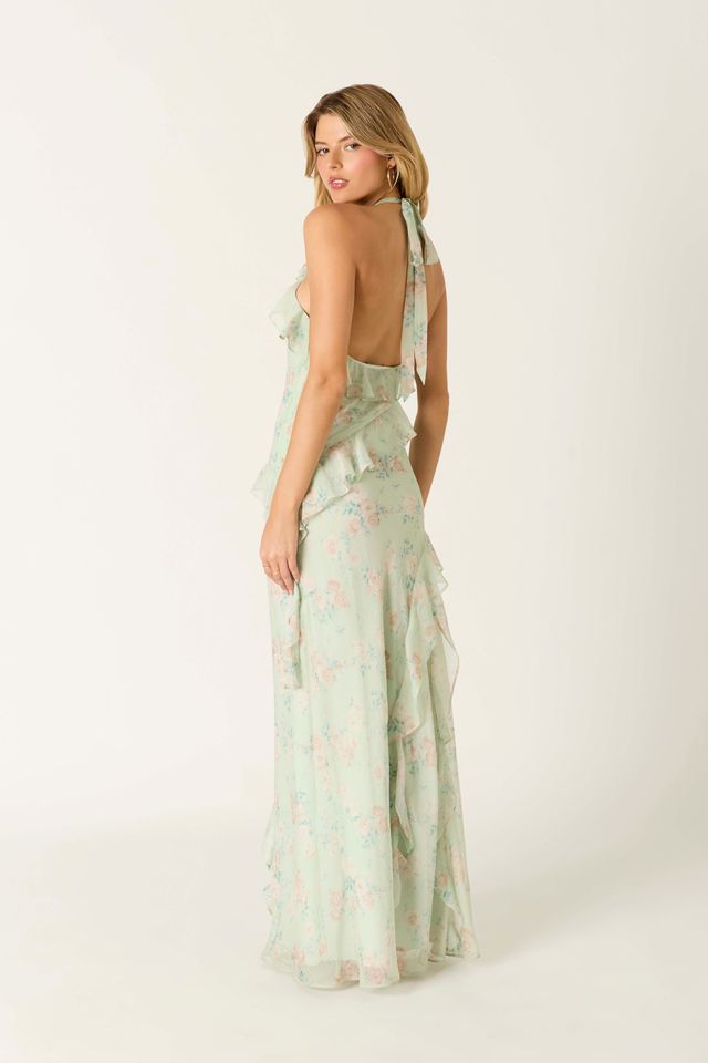 Floral Ruffle Maxi Dress in sage side view
