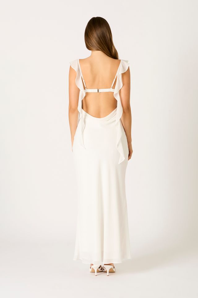 Waterfall Ruffle Maxi Dress in white back view
