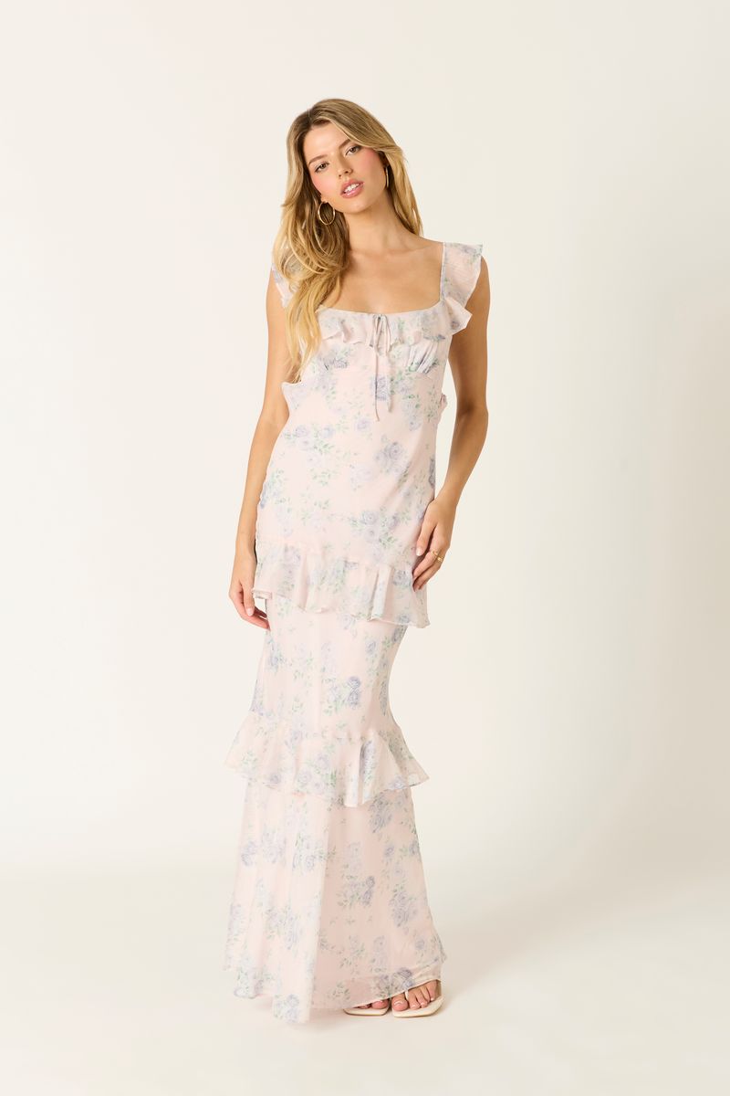 Floral Tiered Maxi Dress in petal pink front view