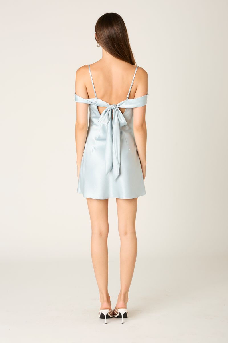 Satin Off The Shoulder Mini Dress in ice blue back view