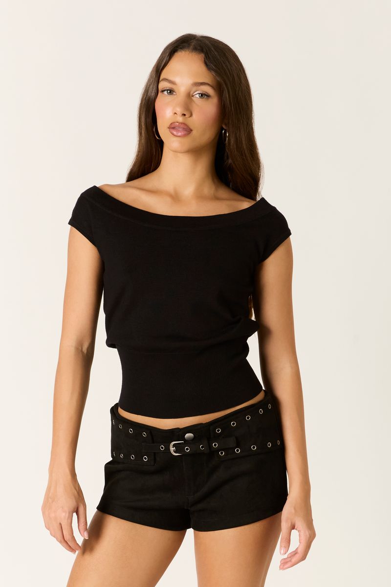 Short Sleeve Knit Top in black front view
