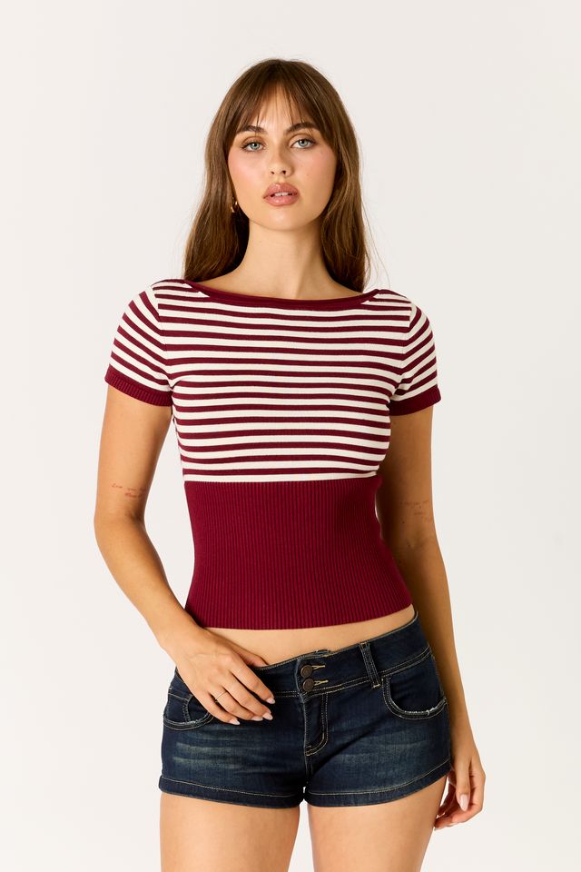 Striped Knit Sweater Top in wine/white front view