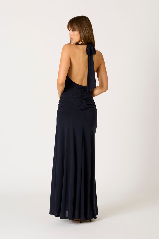 Ruched Halter Maxi Dress in navy back side view