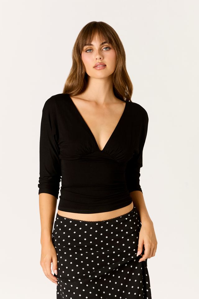 Ruched Long Sleeve Top in black front view