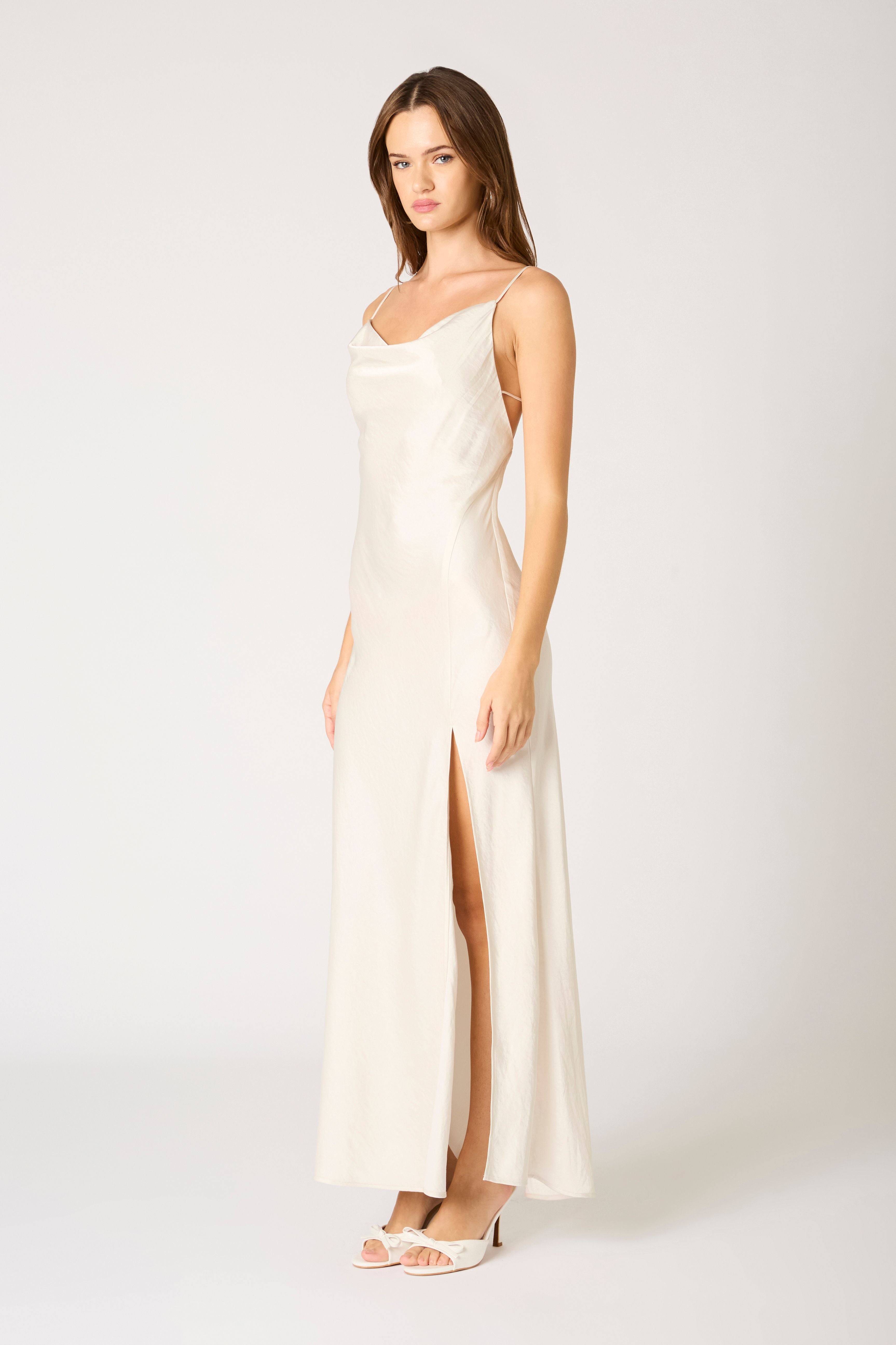 Cowl Neck High Slit Gown in cream side view