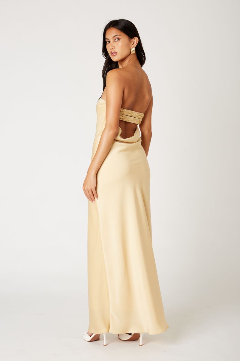 Strapless Cowl Gown in maize side view