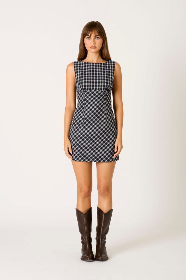 Plaid Fitted Mini Dress in navy front view