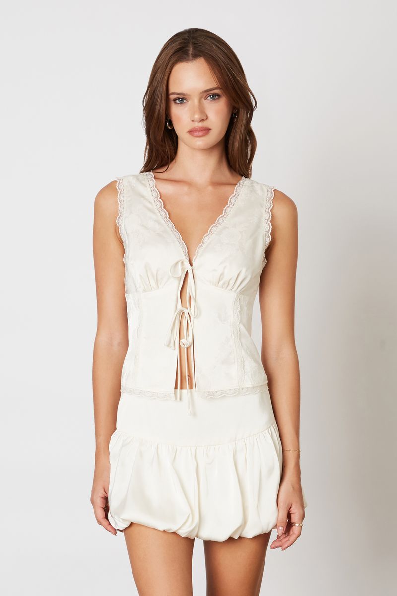 Satin Tie Front Top in cream front view