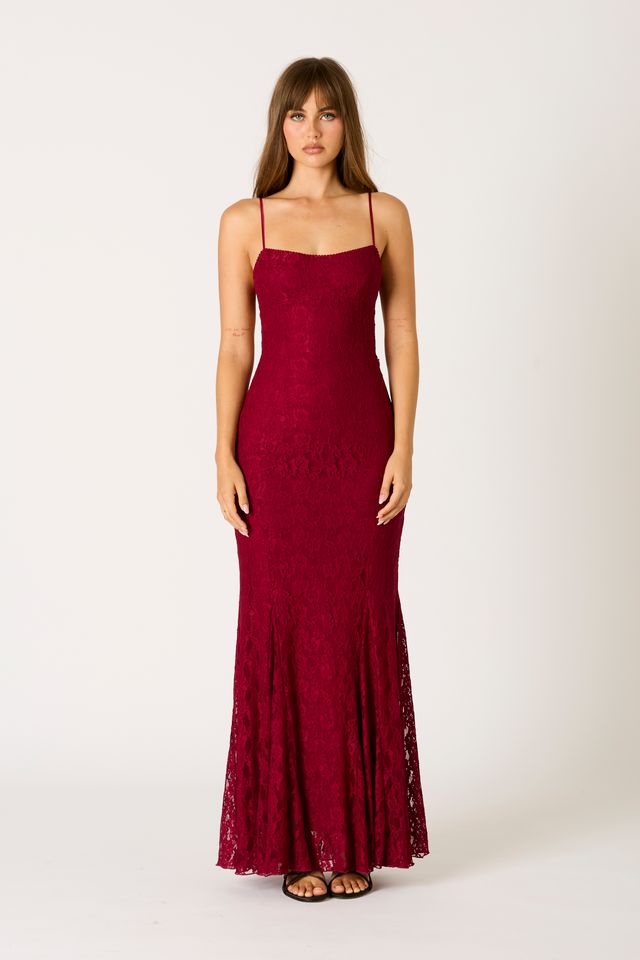 Lace Maxi Dress in wine front view