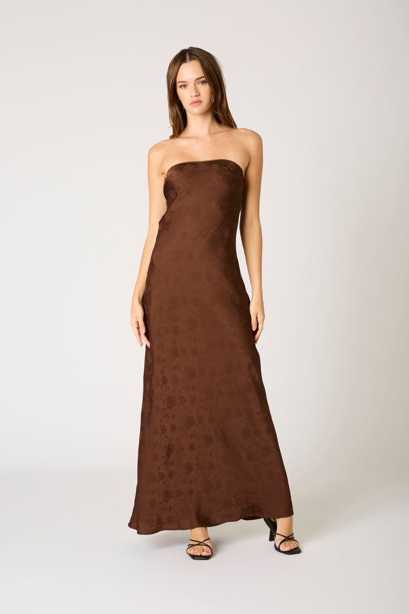 Strapless Open Cowl Back Gown in chocolate front view