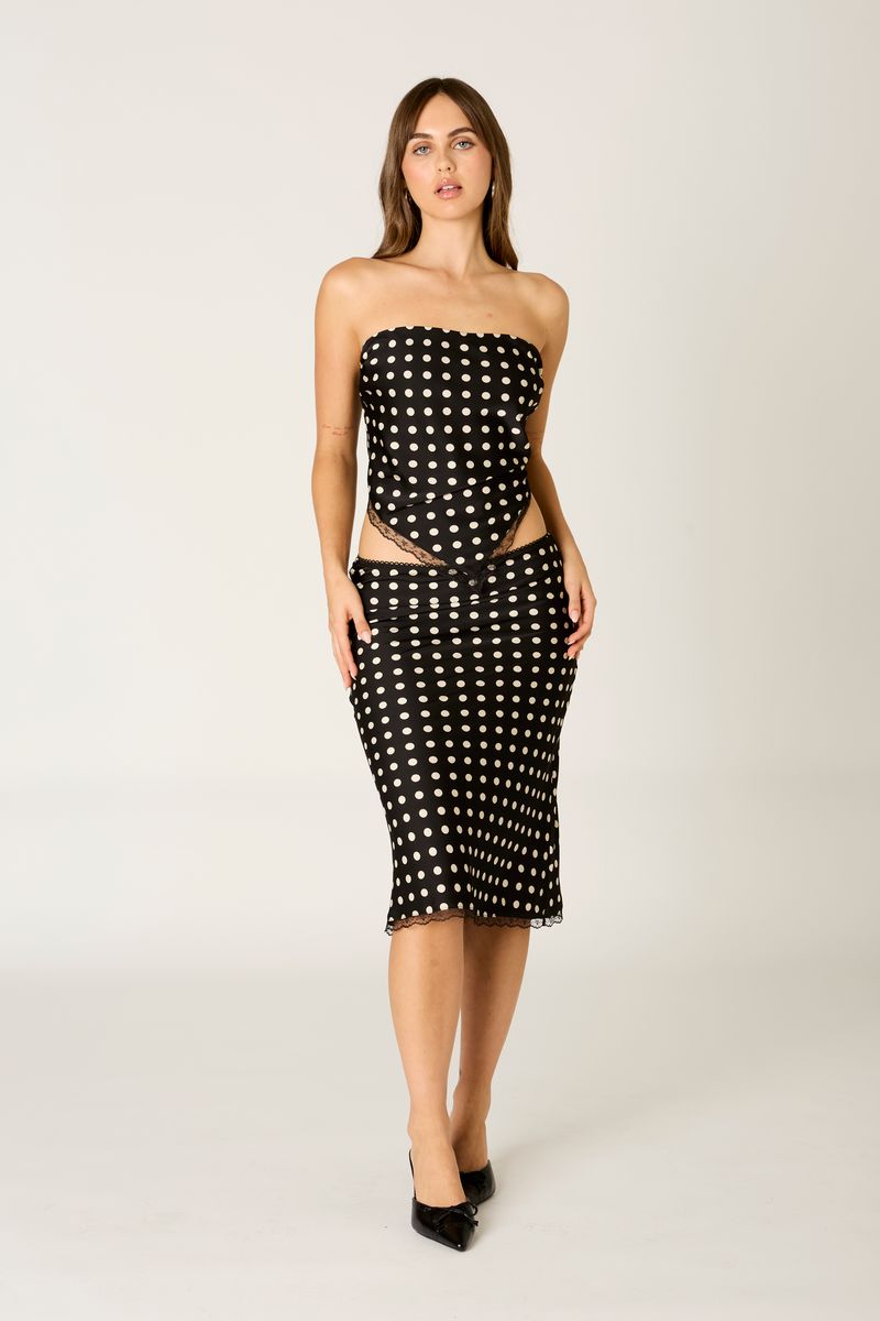 Lace Trim Polka Dot Midi Skirt in black front view